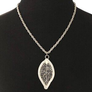 Cato Statement Necklace Leaf Pendant Rope Color Cubic Stones Silver Color